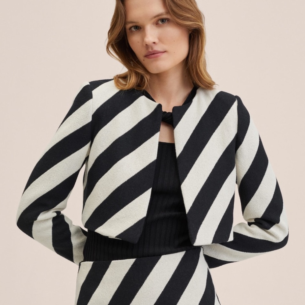 Mango Black and White Striped Cropped Blazer